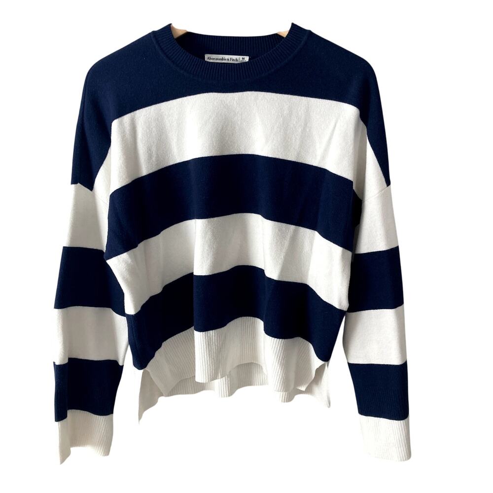 Abercrombie & Fitch Rugby Stripe Knit Sweater - Navy Blue White - Medium